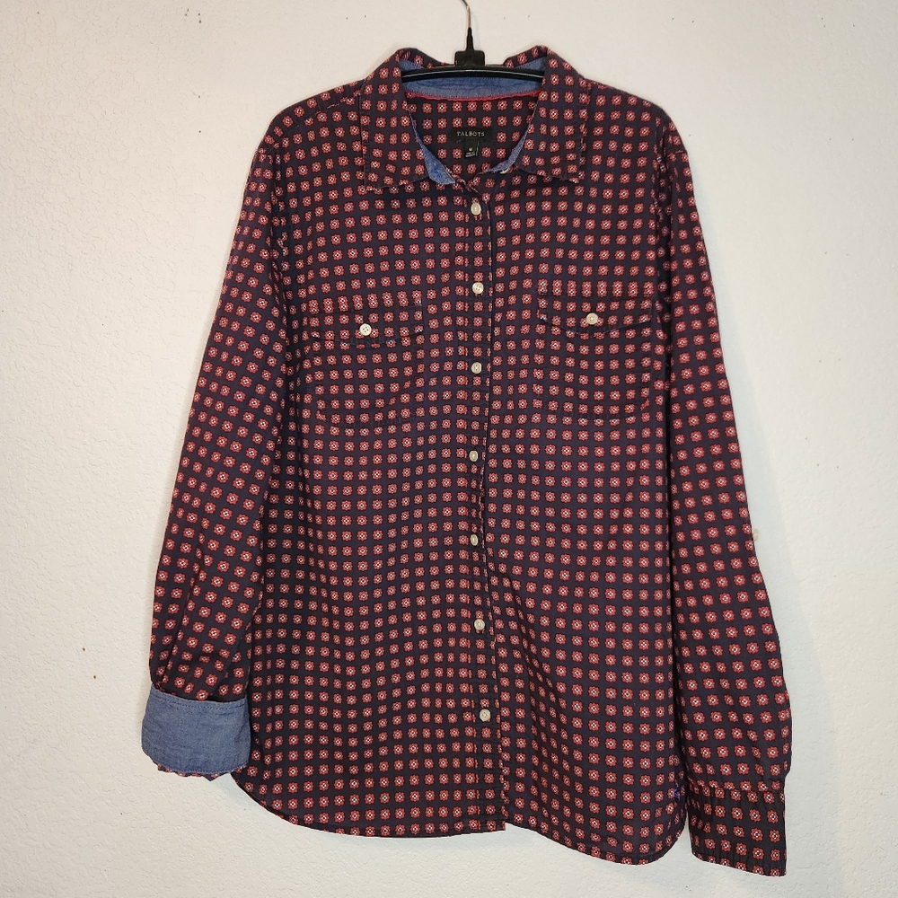 Talbots Navy and Red Floral‎ Button Down Shirt, Size 16